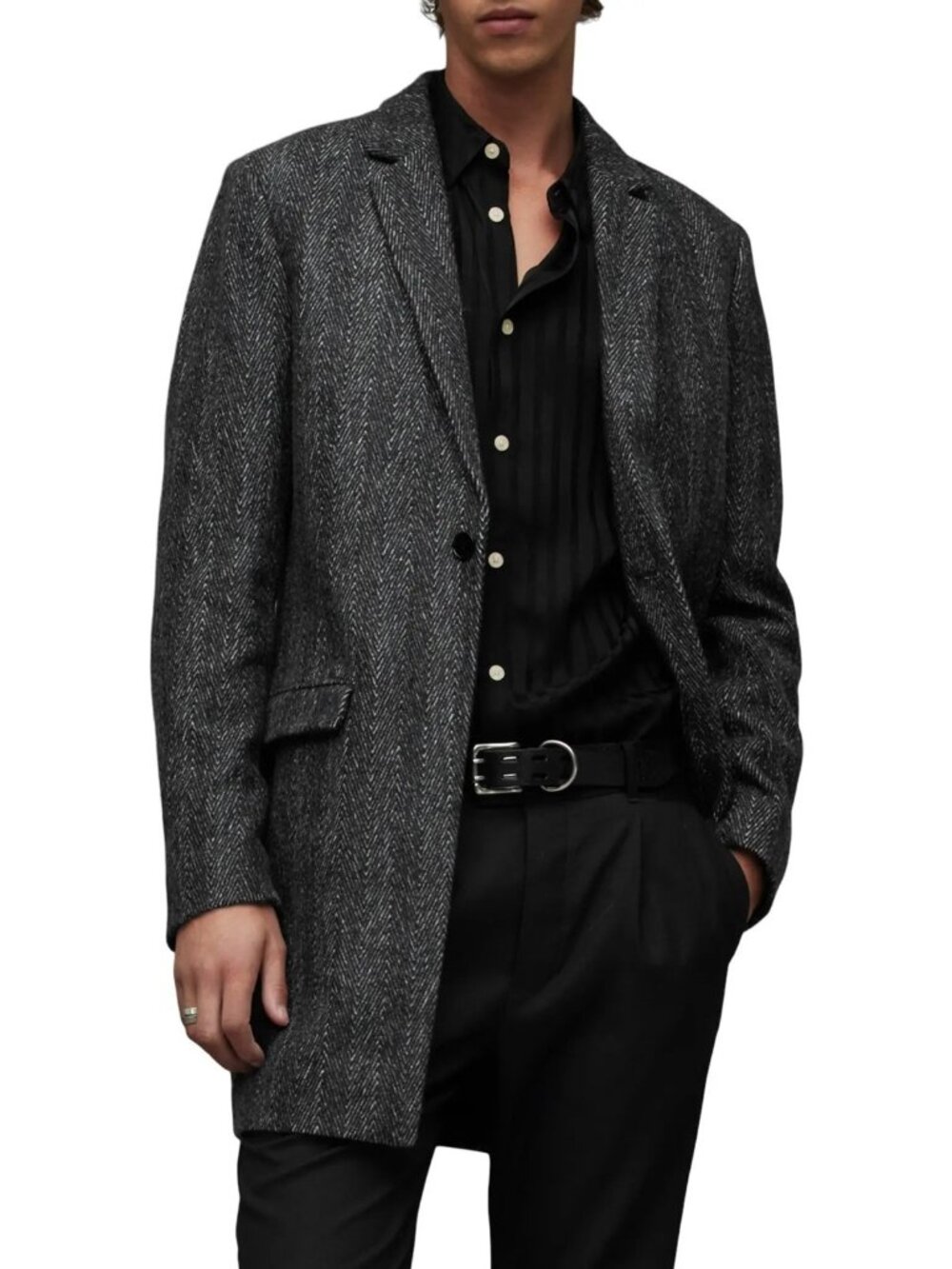 AllSaints Men's Manor Herringbone Wool Blend Coat Jacket in Black Size 36